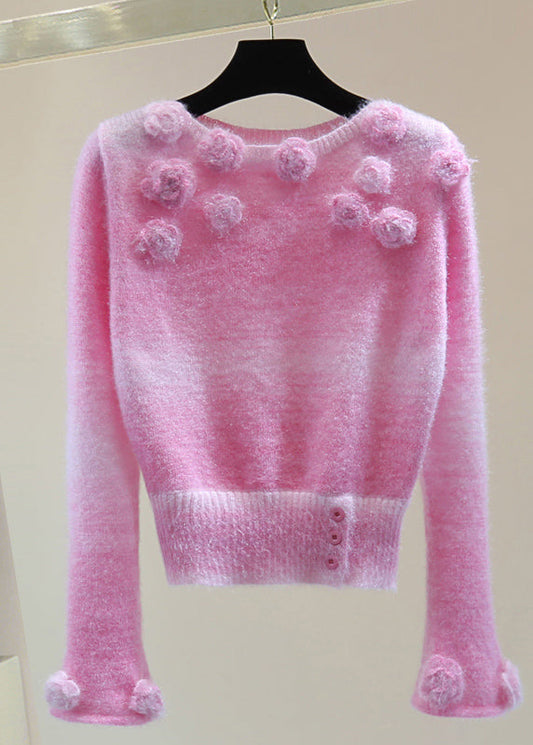 Cute Pink Floral Thick Cotton Knit Sweaters Winter