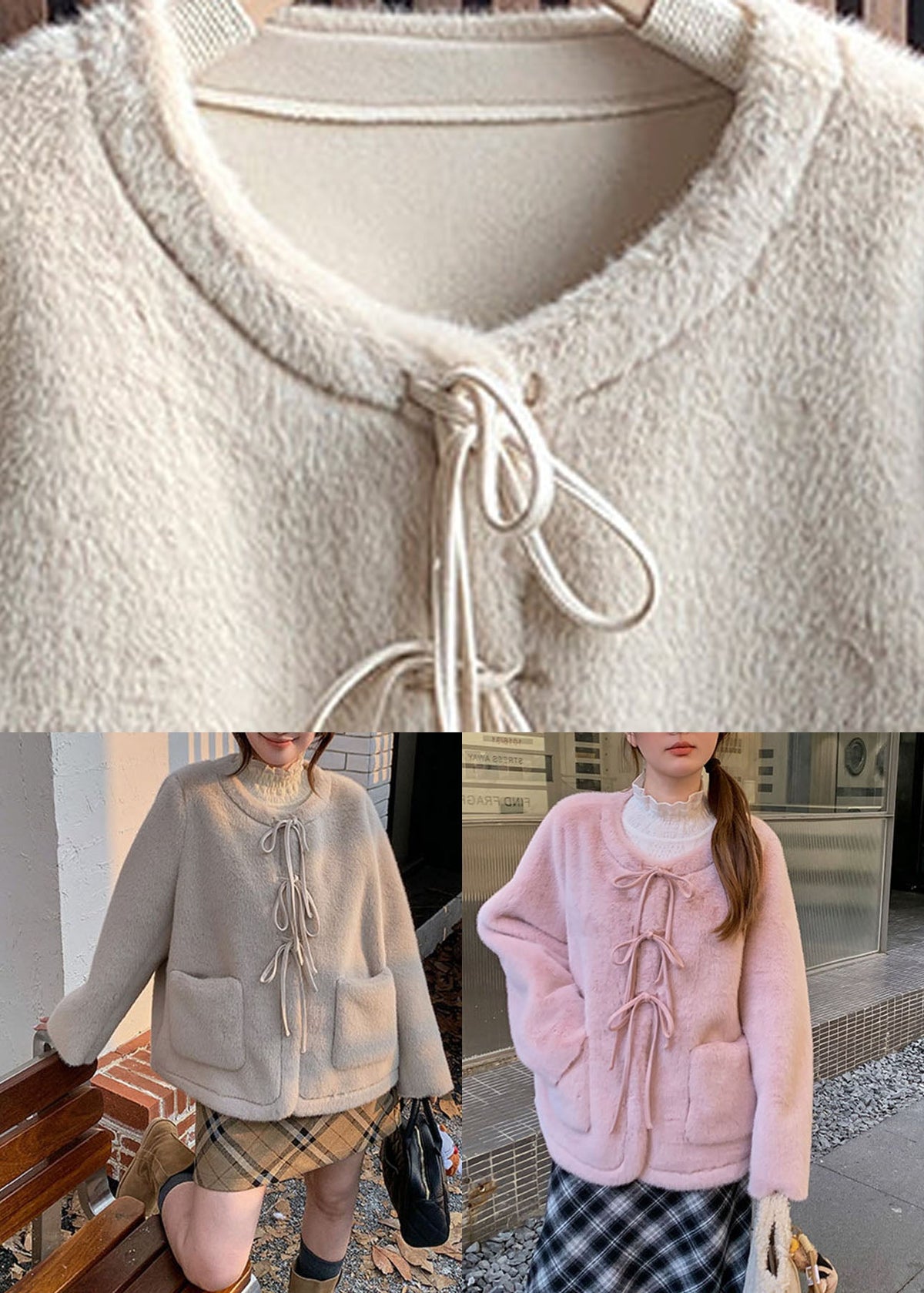 Cute Pink O-Neck Button Mink Hair Coat Long Sleeve