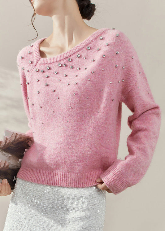 Cute Pink O-Neck Nail Bead Cozy Cotton Knit Sweater Spring