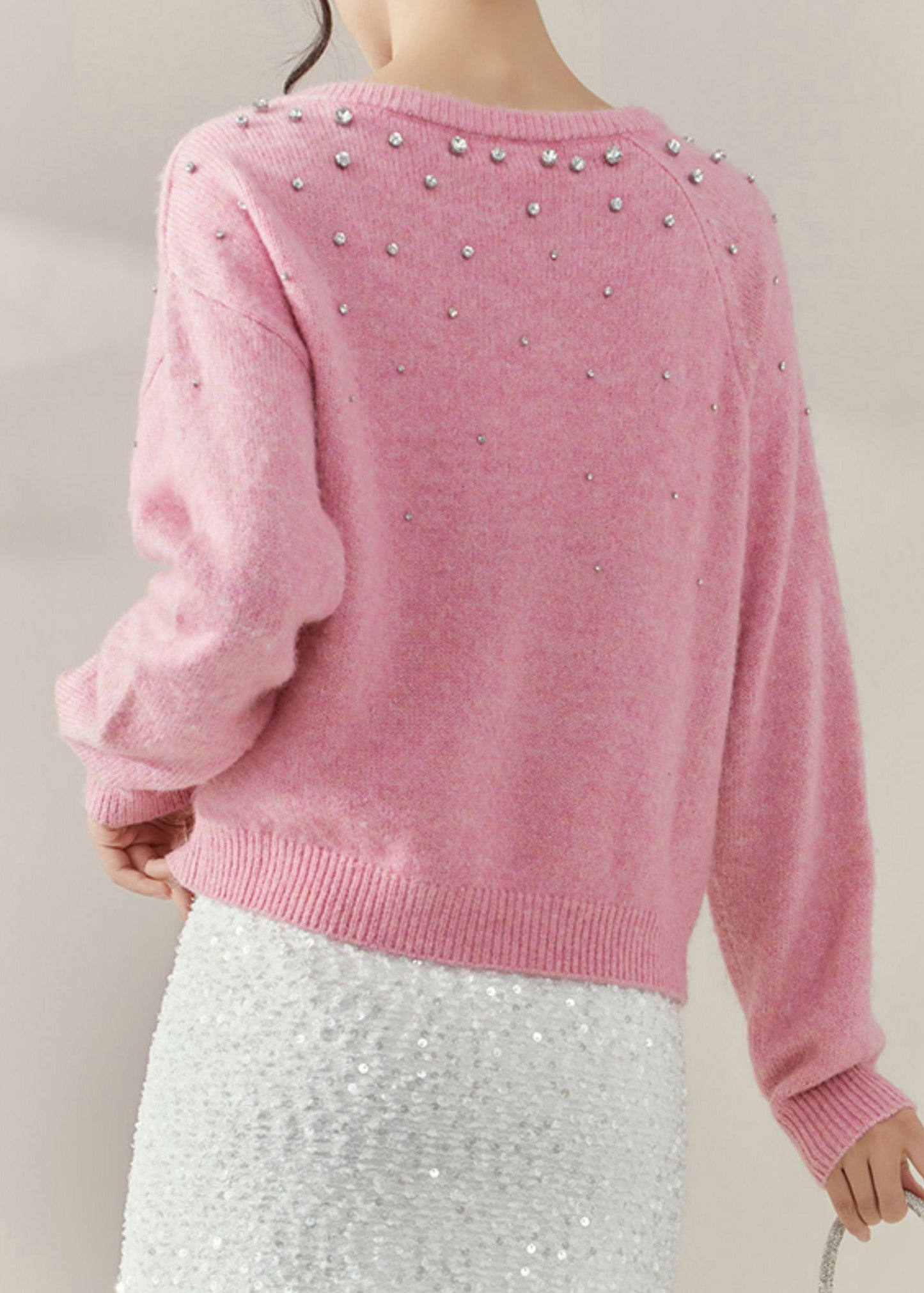 Cute Pink O-Neck Nail Bead Cozy Cotton Knit Sweater Spring