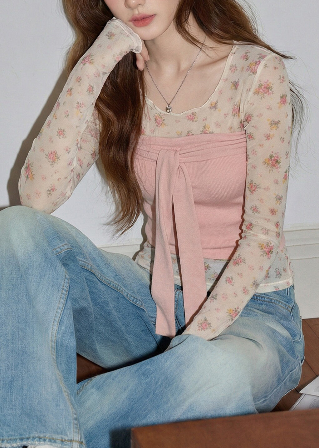 Cute Pink O-Neck Print Tie Waist Top Two Piece Set Long Sleeve
