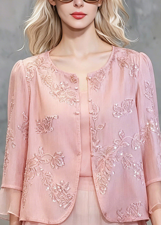 Cute Pink Patchwork Button Fake Two-Piece Chiffon Shirt Three Quarter Sleeve