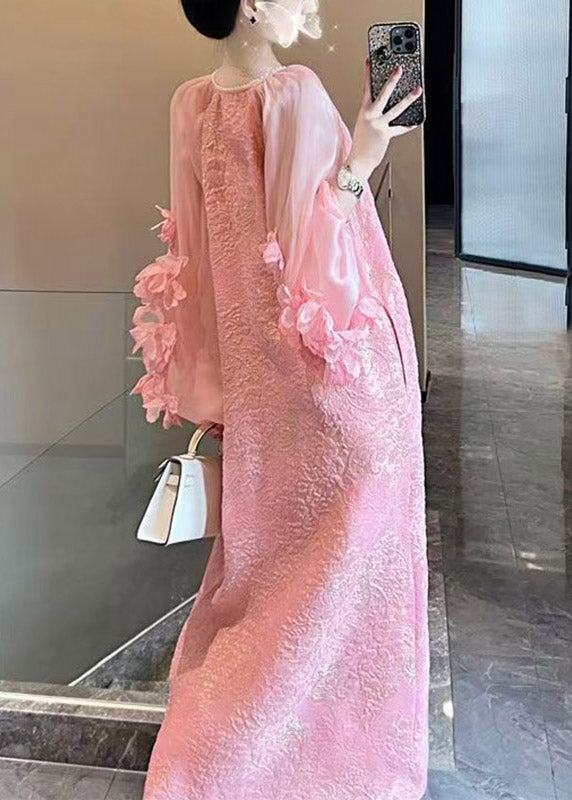 Cute Pink Patchwork Floral Long Dress V Neck Spring