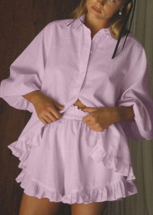 Cute Pink Peter Pan Collar Striped Shirts And Shorts Two-Piece Set Fall