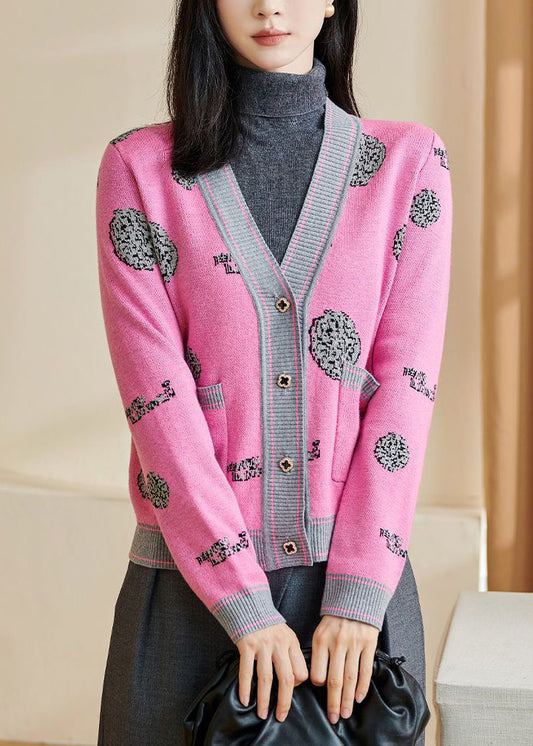 Cute Pink Print Button Cotton Knit Cardigans Long Sleeve