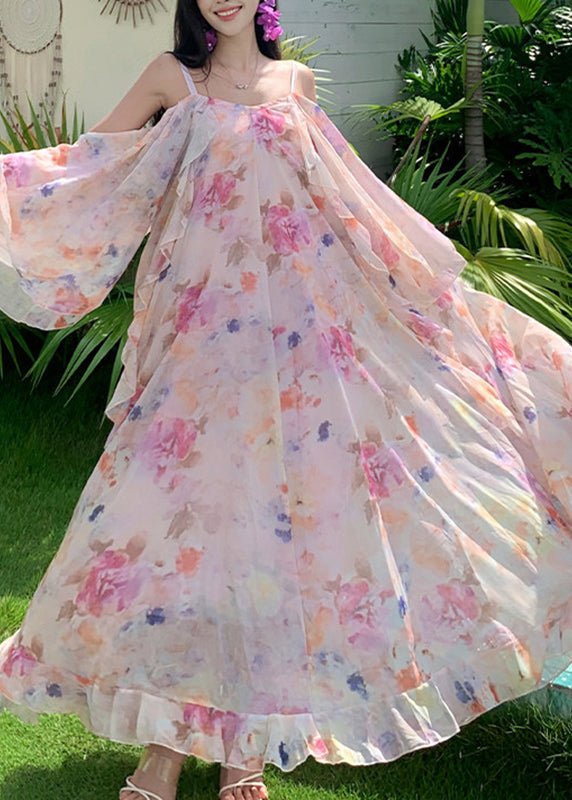 Cute Pink Print Ruffled Patchwork Chiffon Long Dress Short Sleeve