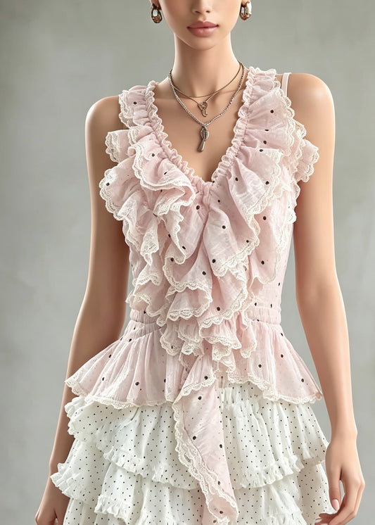 Cute Pink Ruffled Top And White Skirts Cotton Two Pieces Set Summer