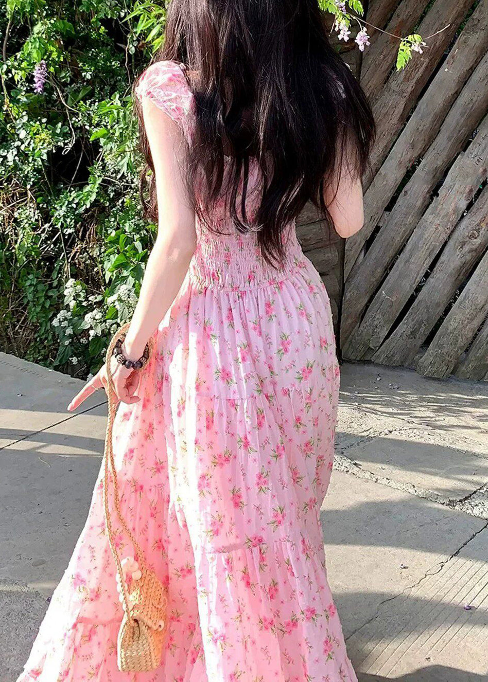 Cute Pink Square Collar Print Elastic Waist Maxi Dress Summer