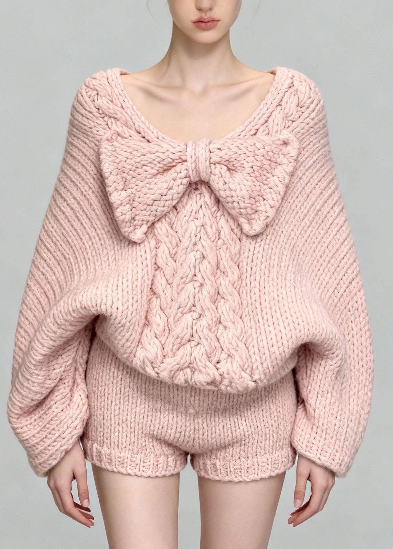 Cute Pink V Neck Bow Sweaters And Skirts Two Pieces Set Batwing Sleeve