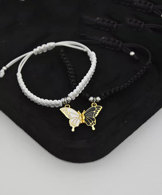 Cute Pink Weave Alloy Butterfly Adjustable A Pair Charm Bracelet