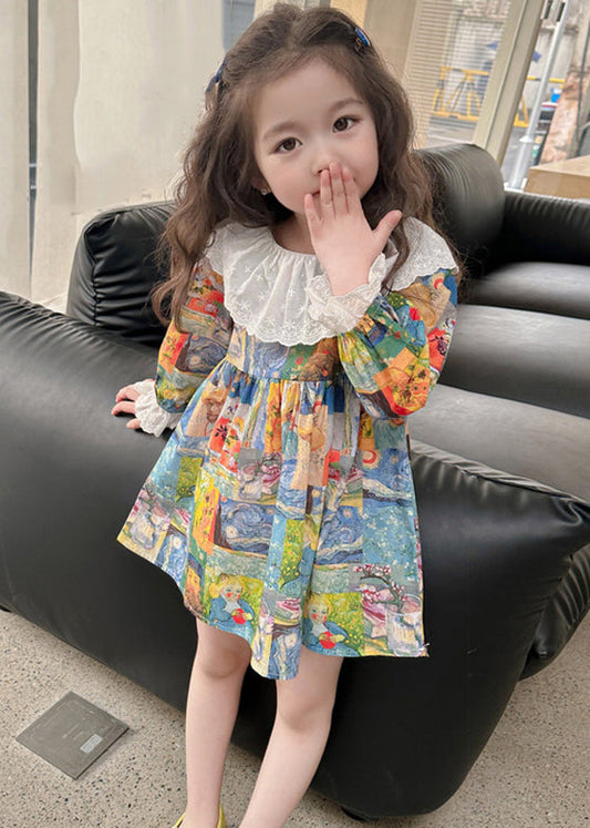 Cute Print Patchwork Kids Vacation Mid Dresses Fall