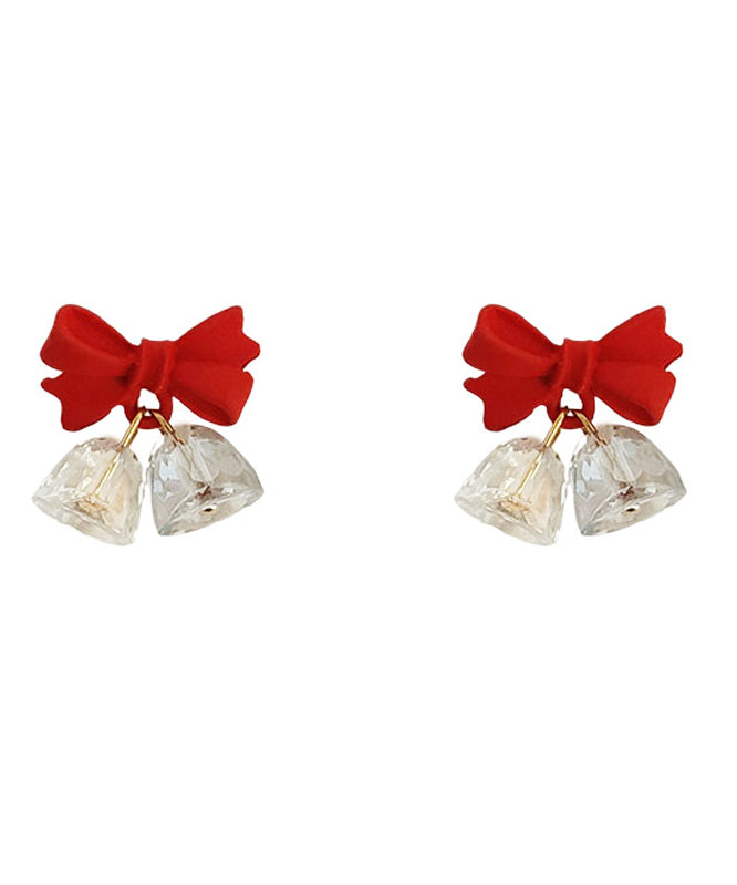 Cute Red Sterling Silver Crystal Bow Bell Drop Earrings