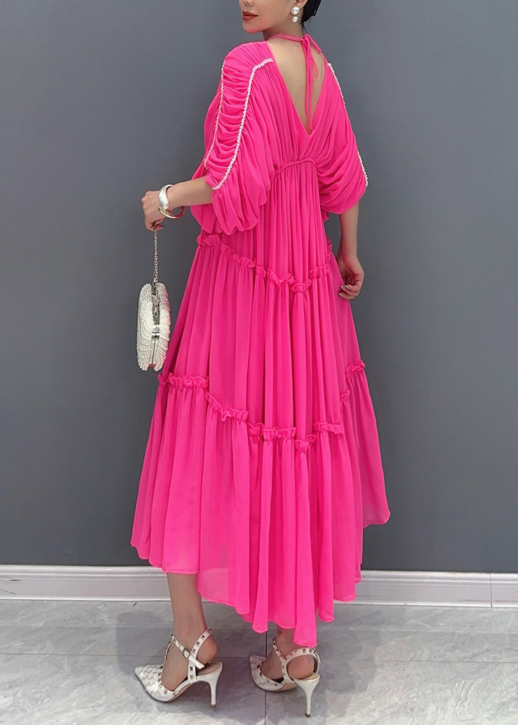 Cute Rose Ruffled Wrinkled Chiffon Long Dresses Half Sleeve