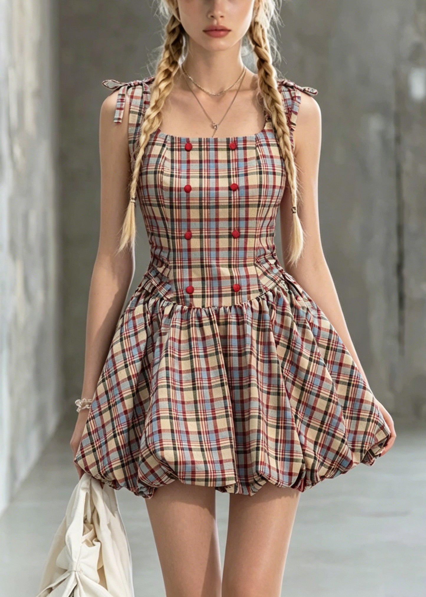 Cute Square Collar Plaid Lace Up Cotton Mini Dress Summer