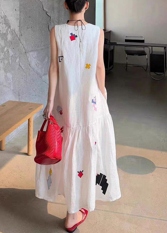 Cute White O-Neck Print Long Dress Sleeveless