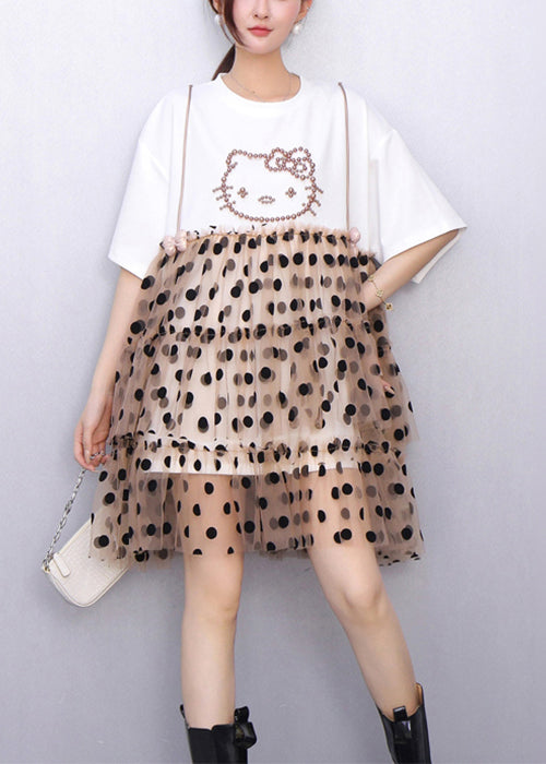 Cute White Ruffled Dot Patchwork Cotton Mid Dress Summer
