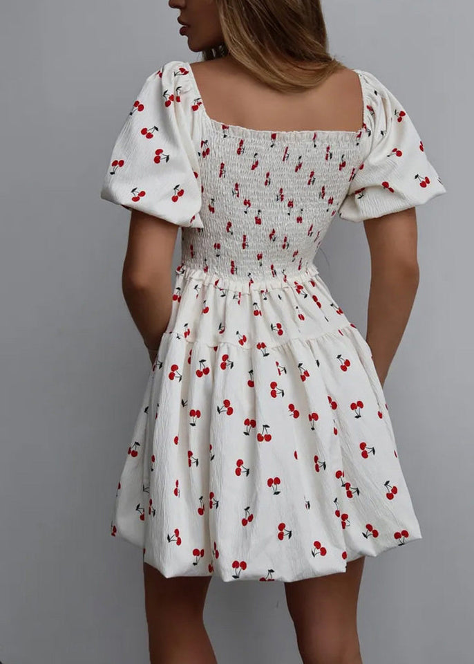 Cute White Ruffled Print Mini Dress Puff Sleeve