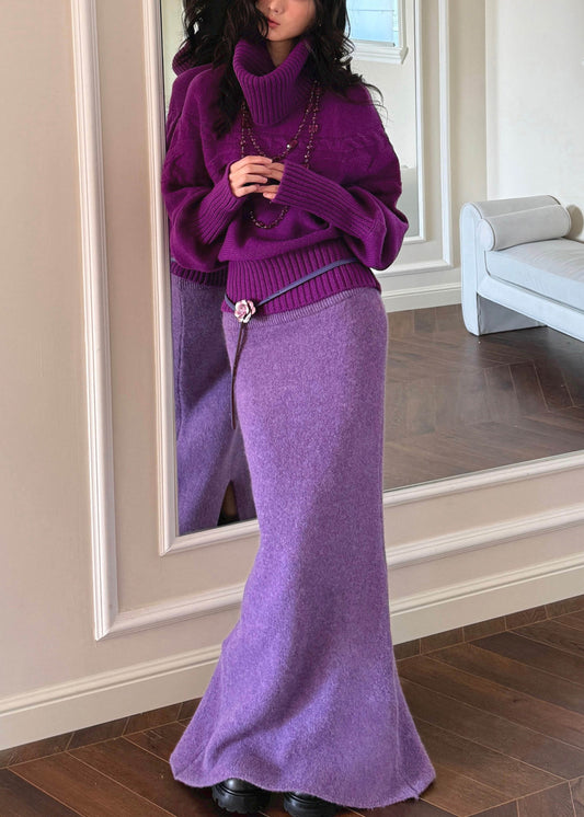 Cute Yellow Turtleneck Patchwork Cotton Knit Sweater And Maxi Skirts Two Piece Set Spring