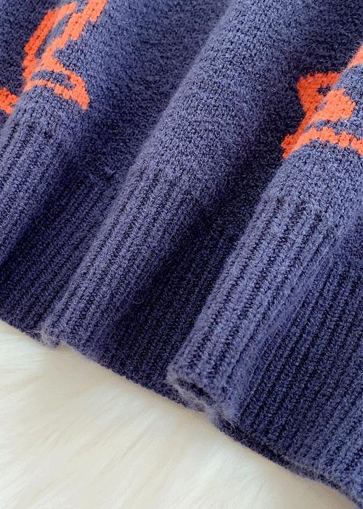 Cute alphabet prints navy knitwear plus size high neck knit blouse - SooLinen