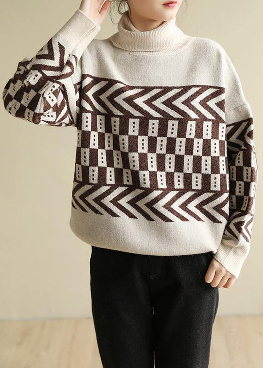 Cute beige knitted pullover patchwork oversized high neck sweaters - SooLinen