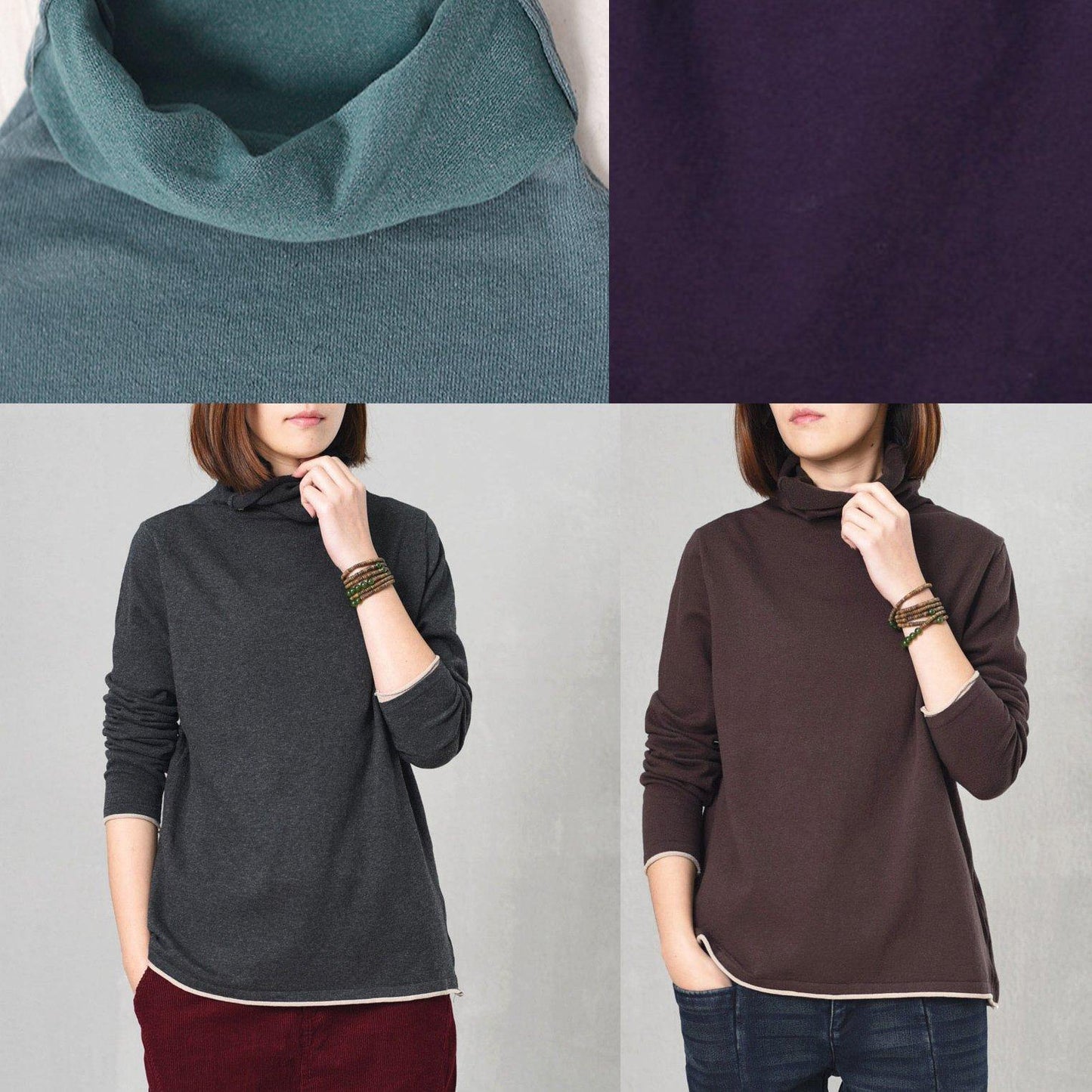 Cute long sleeve knit tops plus size high neck sweater blue - SooLinen