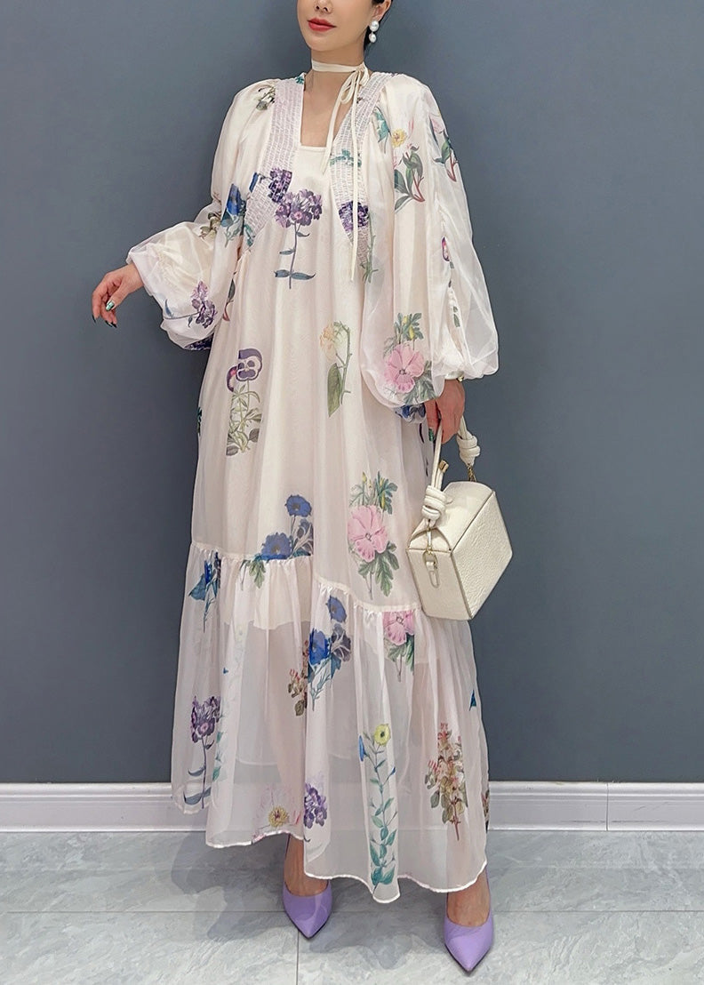 DIY Apricot Oversized Print Chiffon Holiday Dress Summer