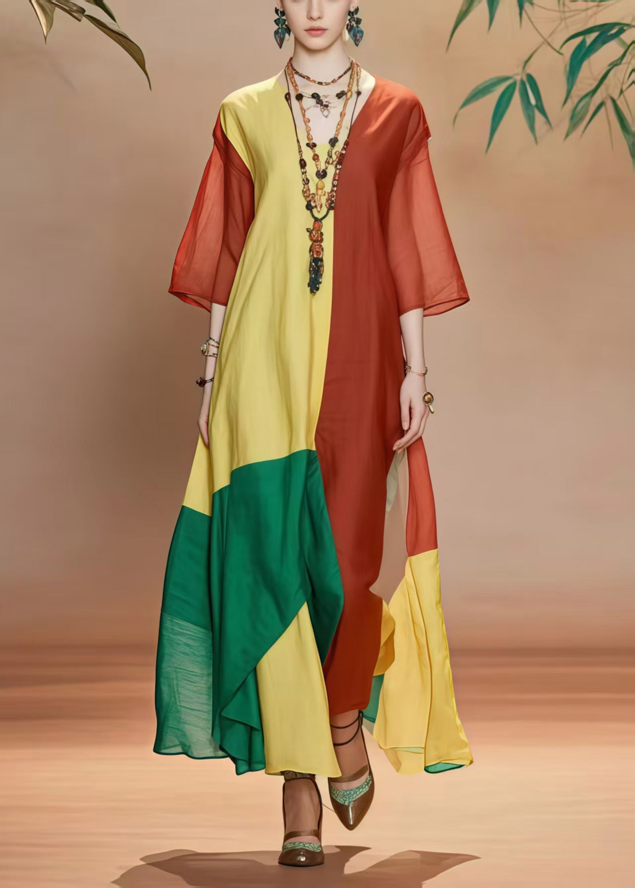 DIY Asymmetrical Patchwork Applique Cotton A Line Dress Bracelet Sleeve