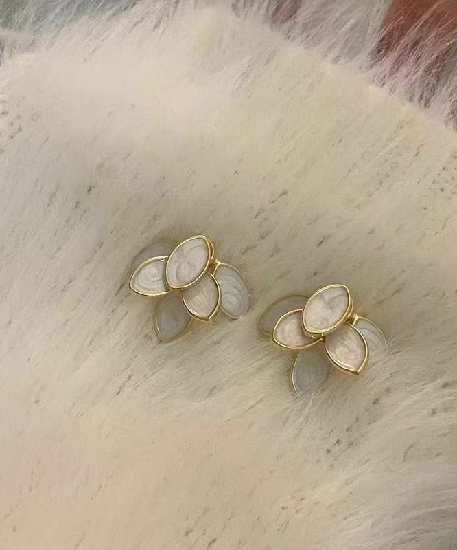 DIY Beige Copper Overgild Zircon Leaf Stud Earrings