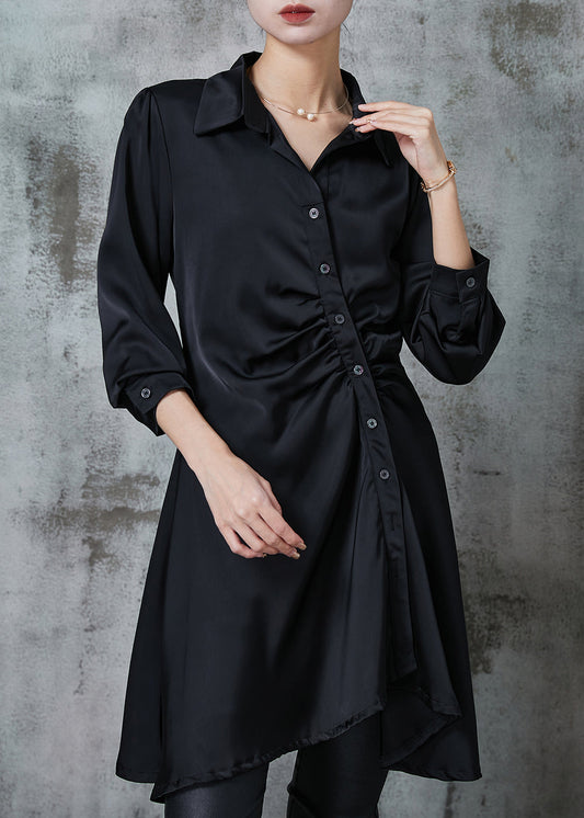 DIY Black Asymmetrical Wrinkled Chiffon Mid Dress Spring