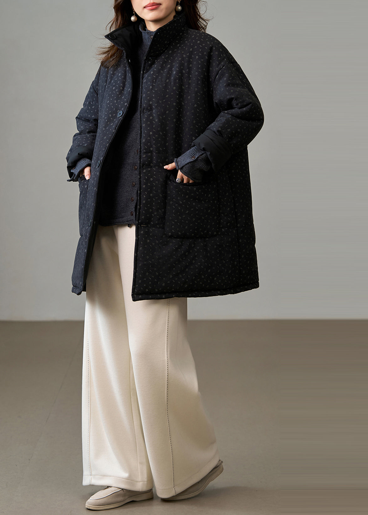 DIY Black Stand Collar Wear On Both Sides Fine Cotton Filled Winter Coats