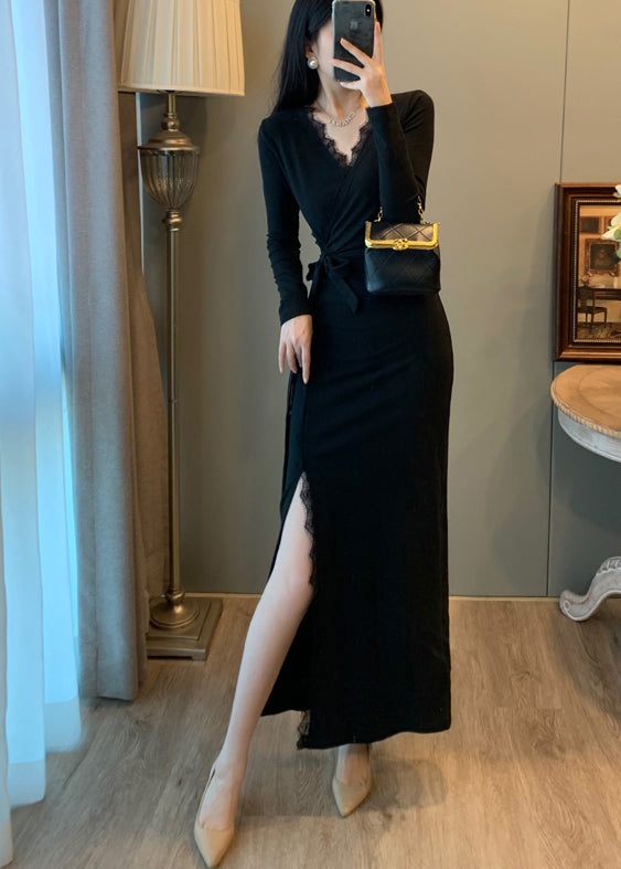 DIY Black Tie Waist Patchwork Eyelash Side Open Long Dresses