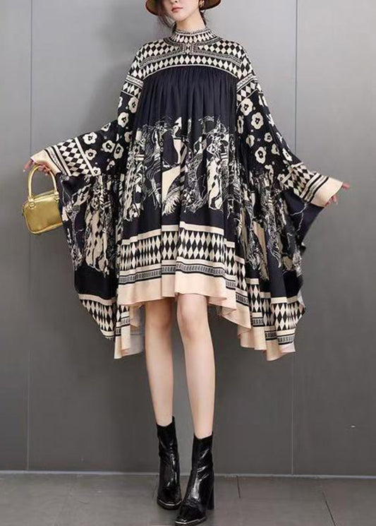 DIY Black Turtleneck Print Maxi Dresses Batwing Sleeve