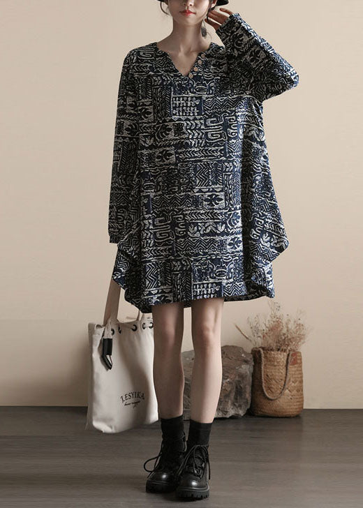 DIY Black V Neck Print Patchwork Linen Dress Spring