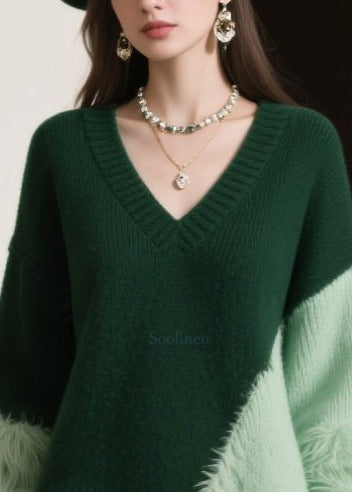 DIY Blackish Green Asymmetrical Patchwork Faux Fur Knitted Dress Winter