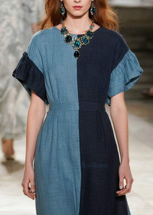 DIY Blue Asymmetrical Patchwork Cotton Ankle Dress Summer
