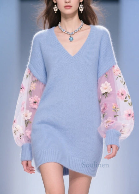 DIY Blue V Neck Tulle Floral Patchwork Knit Sweater Dress Fall