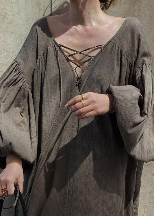 DIY Brown Oversized Cross Strap Cotton Maxi Dresses Lantern Sleeve