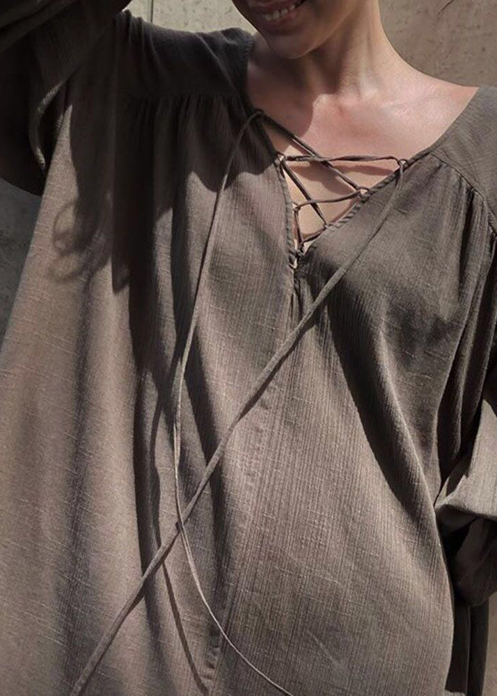 DIY Brown Oversized Cross Strap Cotton Maxi Dresses Lantern Sleeve