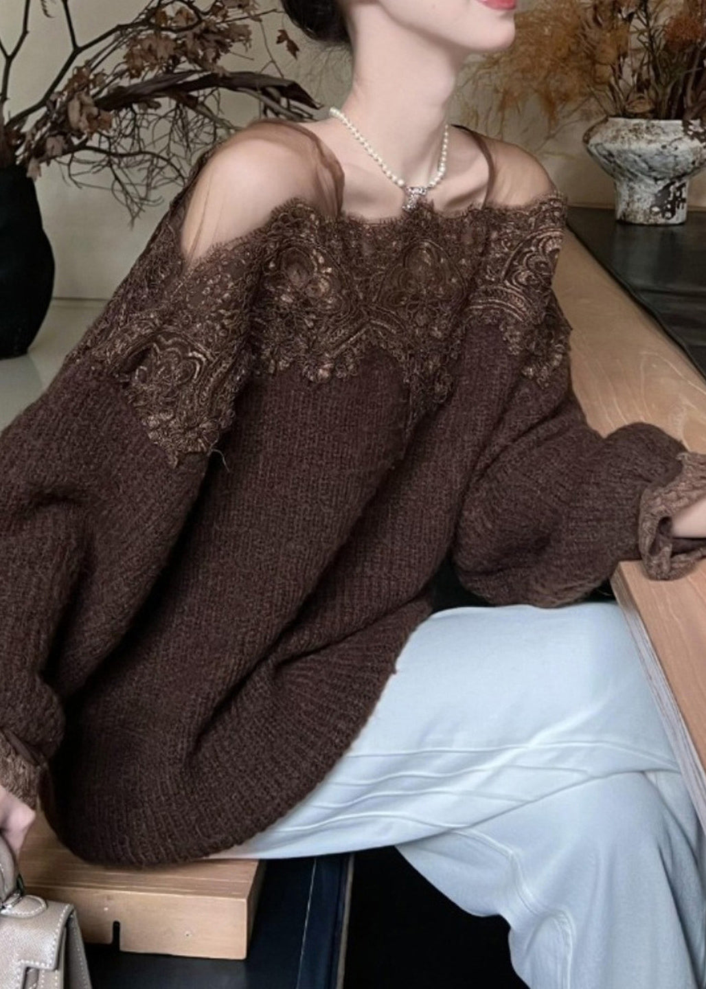 DIY Brown Oversized Lace Patchwork Knit Pullover Winter