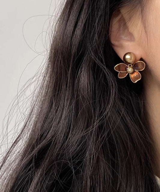 DIY Coffee Alloy Pearl Floral Drip Glaze Stud Earrings