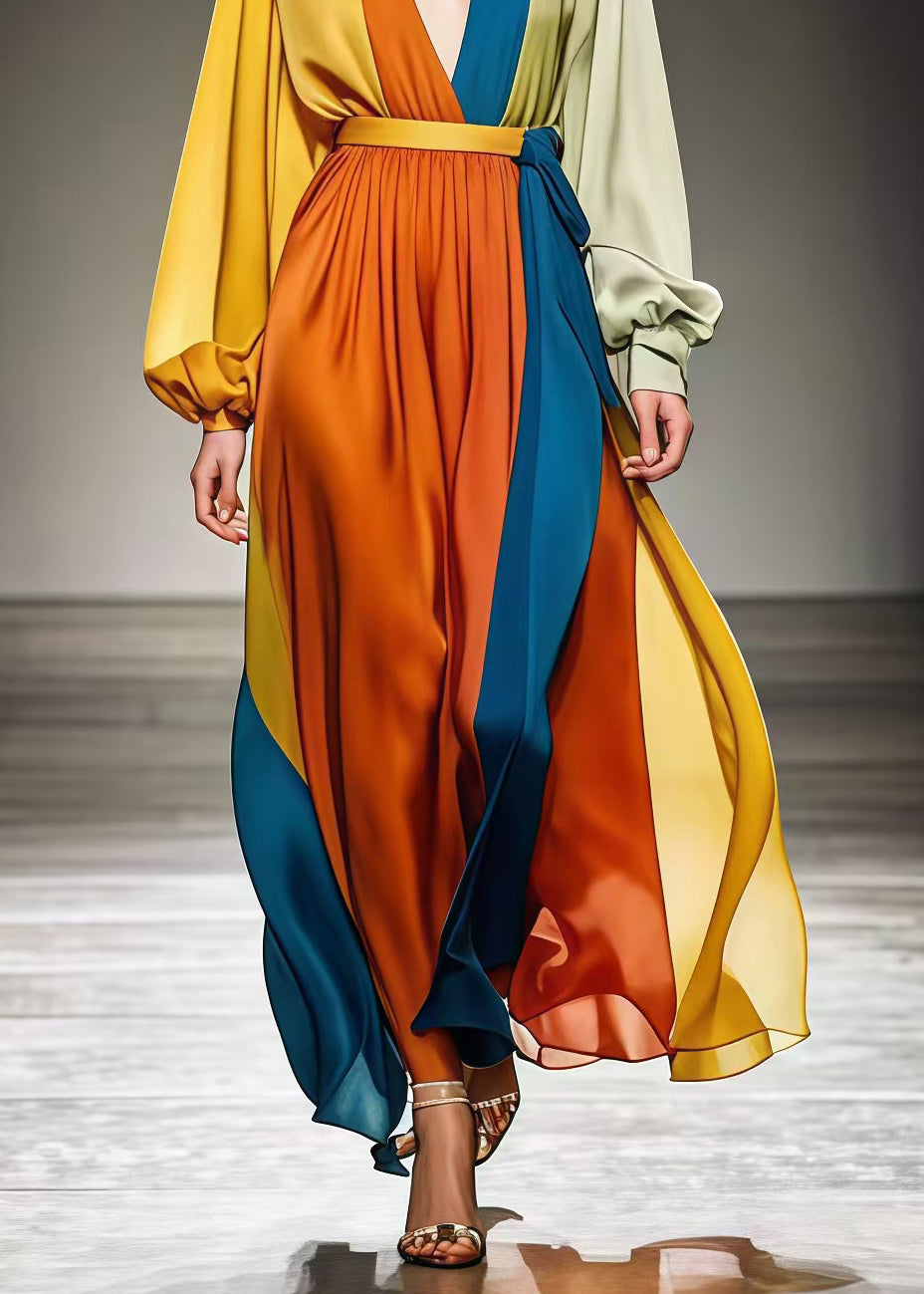 DIY Colorblock Cinched Patchwork Draping Chiffon Holiday Dresses Spring