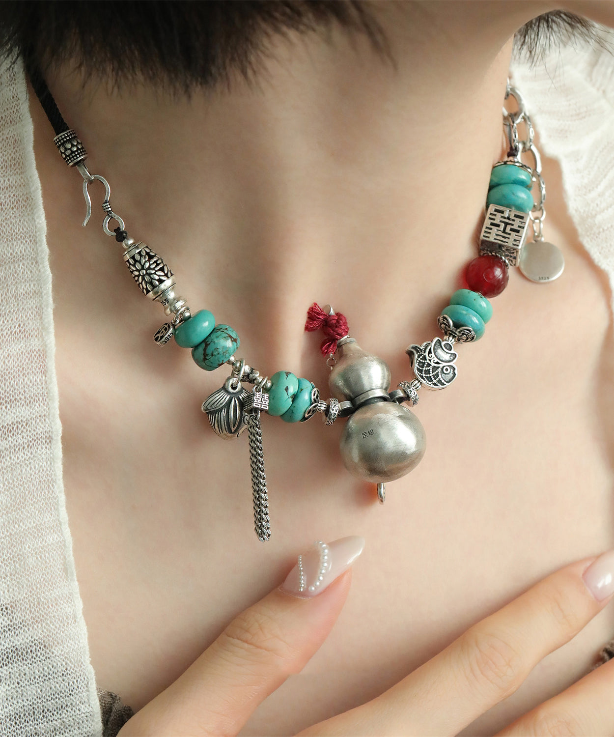 DIY Colorblock Sterling Silver Calabash Agate Double Happiness Pendant Necklace