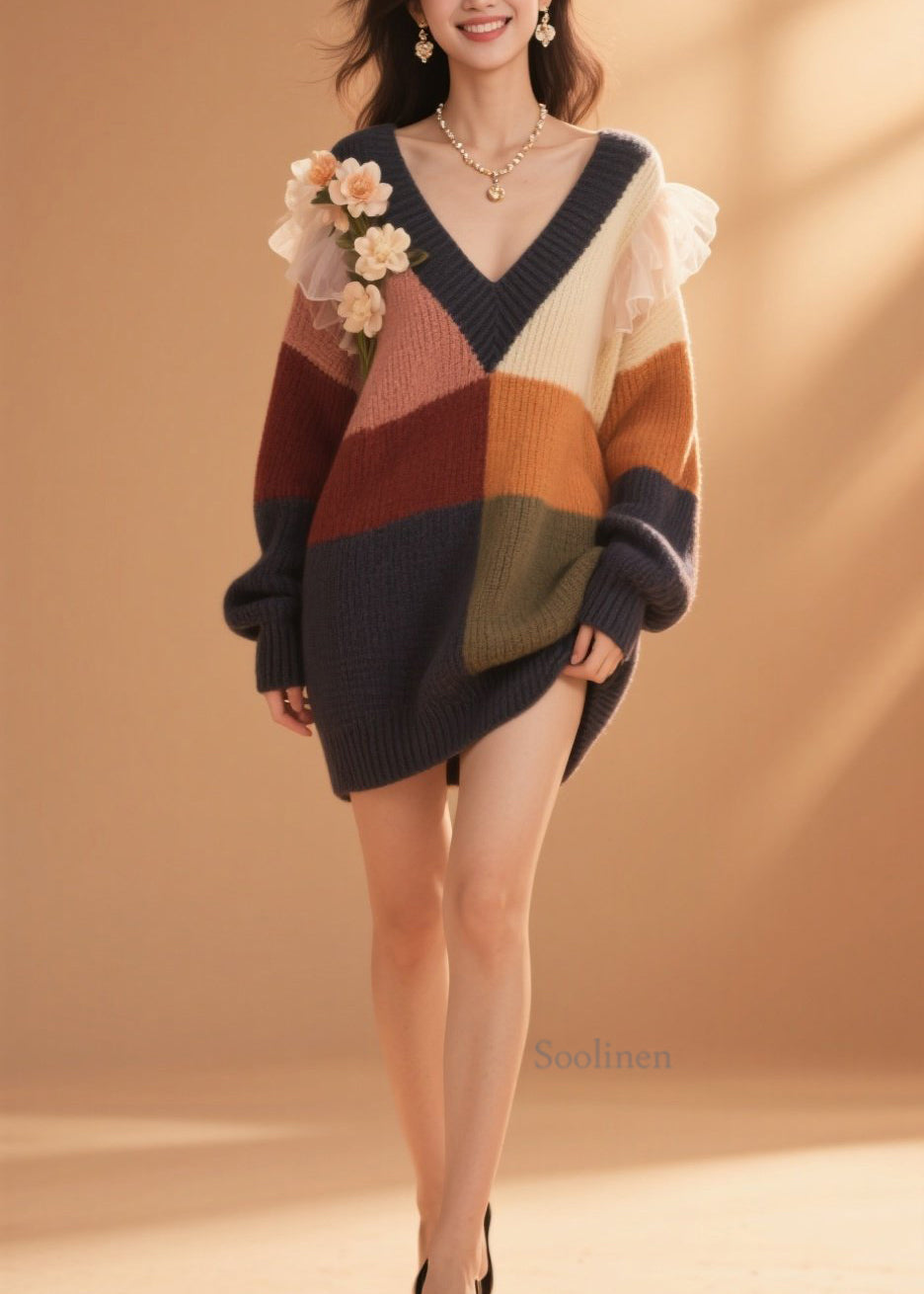DIY Colorblock V Neck Floral Ruffled Knit Sweater Dress Fall