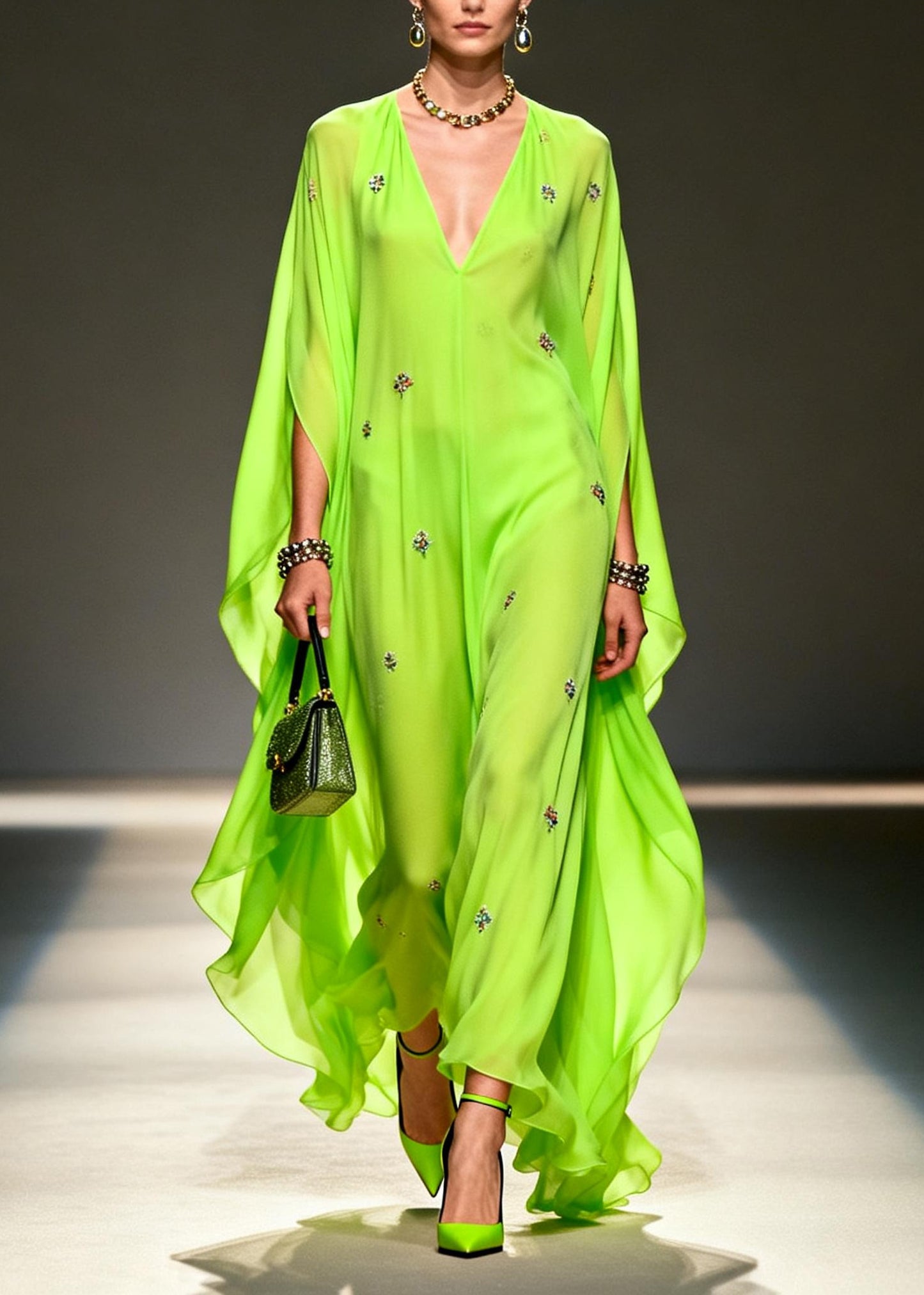 DIY Fluorescent Green Embroidered Chiffon Maxi Dresses Batwing Sleeve
