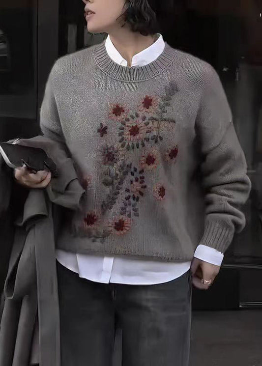 DIY Grey O Neck Thick Floral Knit Sweater Tops Fall