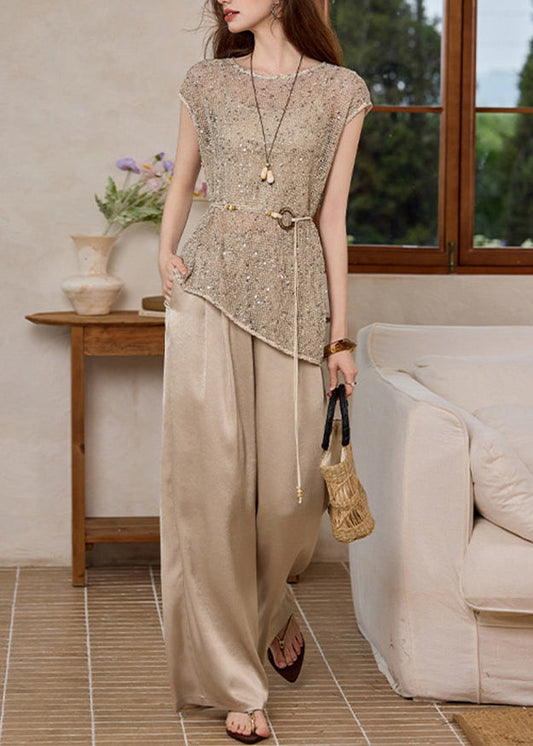 DIY Khaki Hollow Out Tie Waist Knit Two Pieces Set Summer