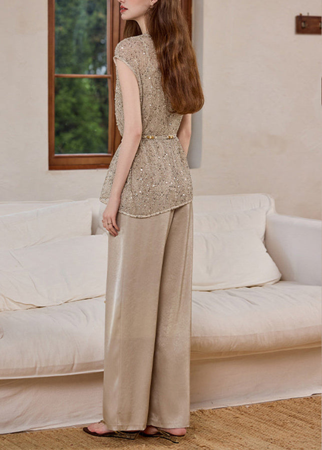 DIY Khaki Hollow Out Tie Waist Knit Two Pieces Set Summer