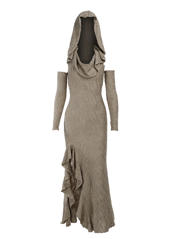 DIY Khaki Hooded Side Open Cotton Wraped Dresses Summer