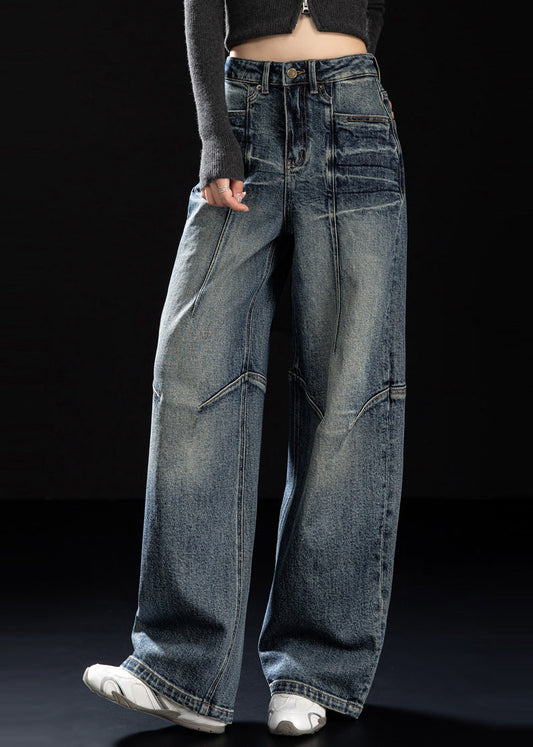 DIY Navy Oversized Patchwork Denim Wide Leg Pants Spring