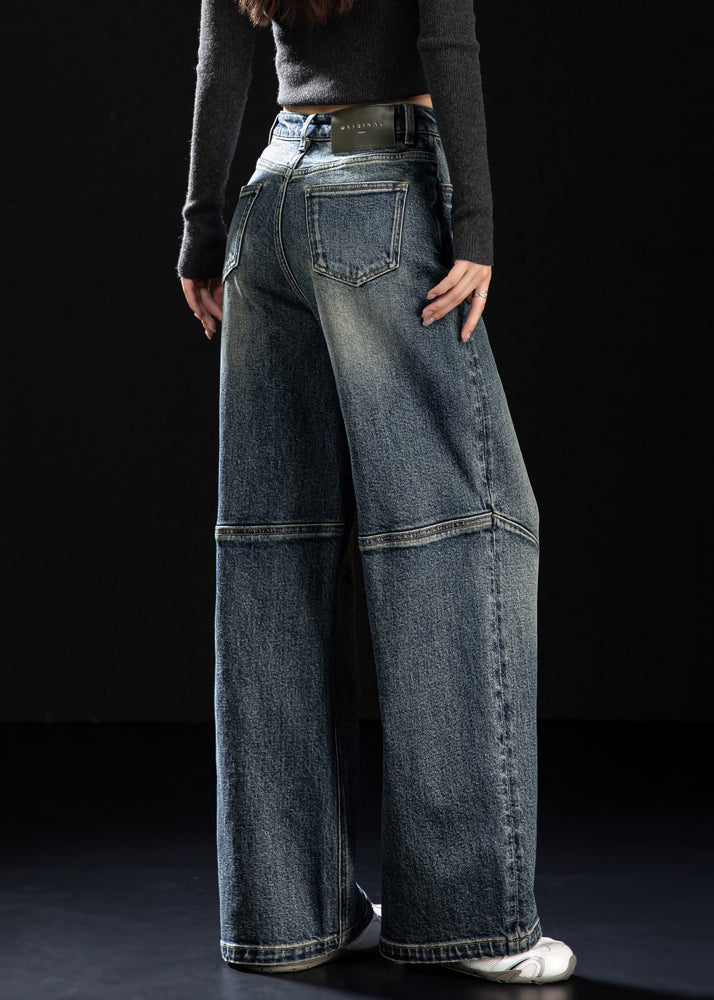 DIY Navy Oversized Patchwork Denim Wide Leg Pants Spring